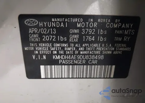 2013 Hyundai Elantra Limited из США, поврежденный, VIN KMHDH4AE9DU838498